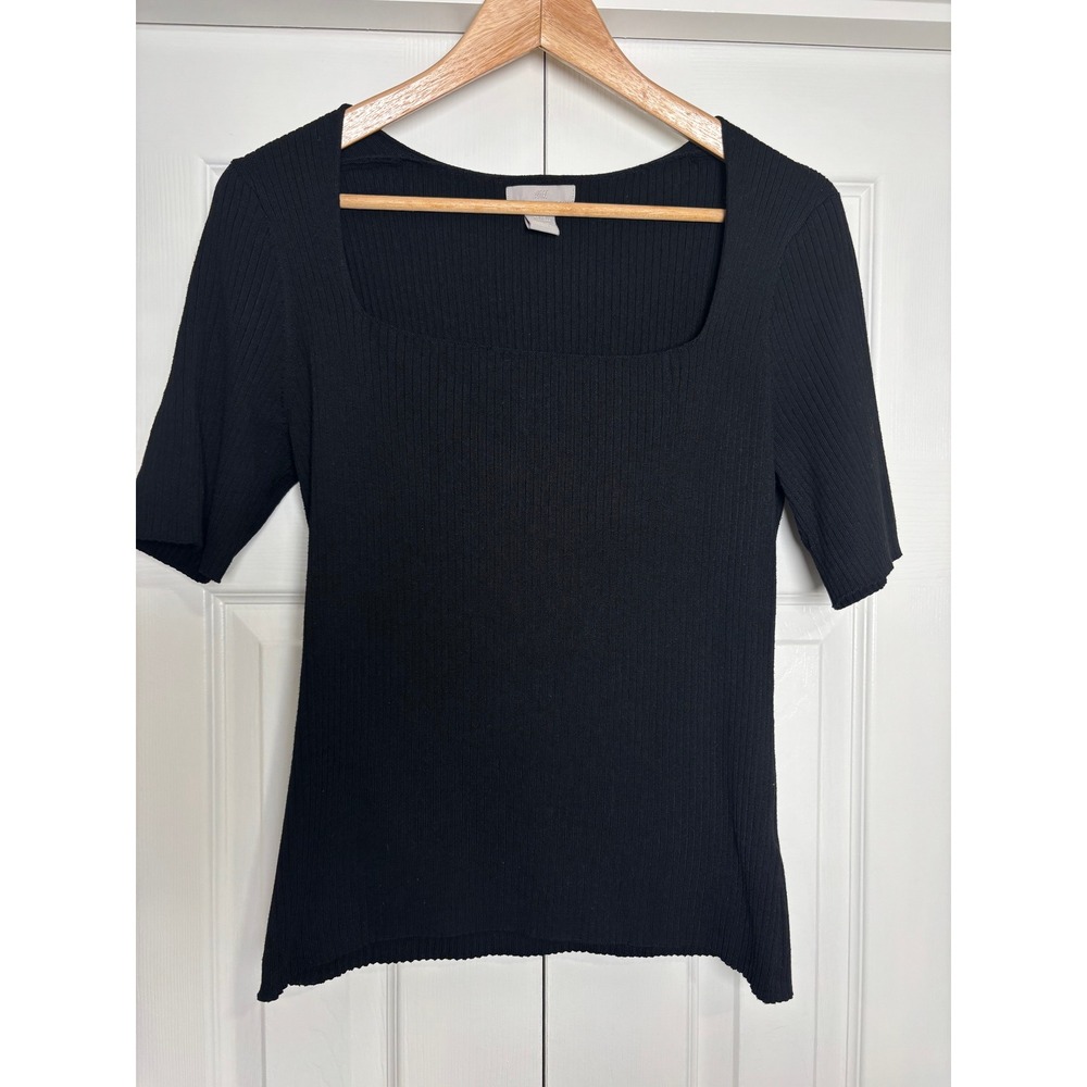 H&M Black Ribbed Square Neck Top Elbow Sleeve Knit Shirt Small